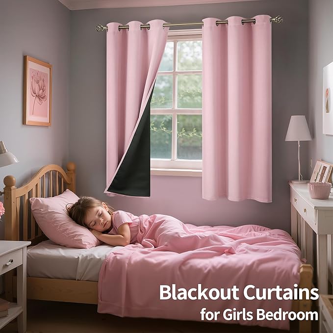 BGment Baby Pink Blackout Curtains for Girls Room 63 Inch Length 2 Panels, Thermal Insulated Full Light Blocking Grommet Noise Cancelling Window Curtains for Nursery Bedroom, 42 Inch Wide Each - Image 2