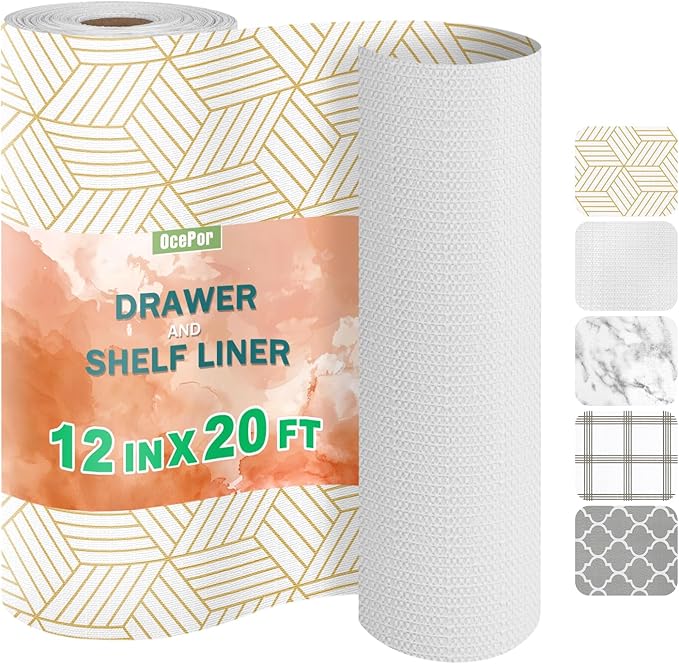OcePor Non-Adhesive Drawer and Shelf Liner 12IN x 20FT，Non Slip Cabinet and Cupboard Liner, Kitchen Cabinet Liners for Shelves, Waterproof Drawer Shelf Liners for Cabinets/Bathroom Cupboard by OcePor