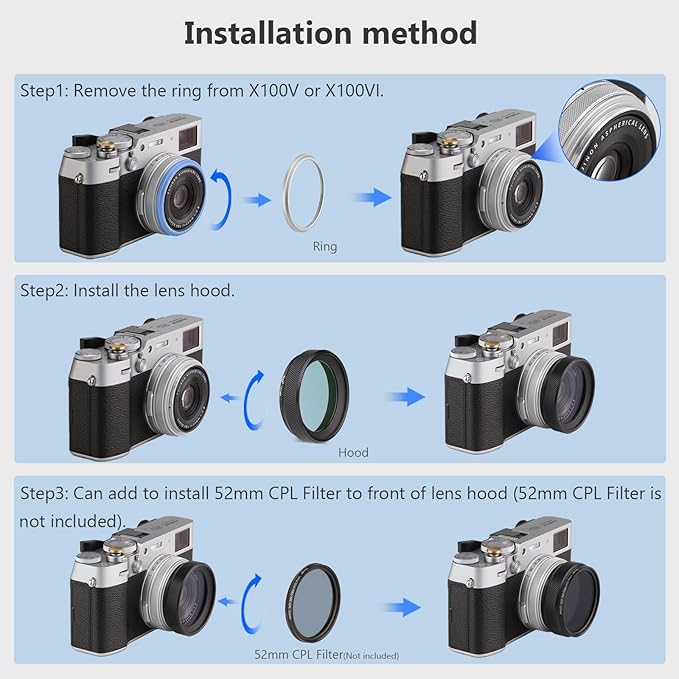 Haoge LUV-X54B Metal Lens Hood with MC UV Protection Multicoated Ultraviolet Lens Filter for Fujifilm X100VI Fuji X100V Camera Black - Image 9