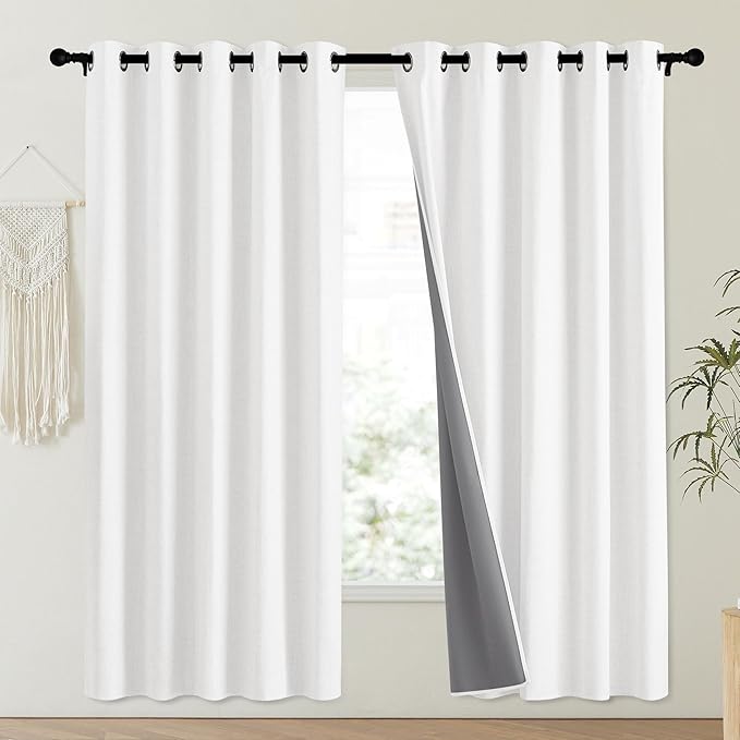 NICETOWN 100% Absolutely Blackout Linen Curtains with Thermal Insulated Liner, Greyish White, 62" Wide, 72" Length Energy Saving Curtains for Playroom 2 Panels Set, Vertical Blinds - Image 2