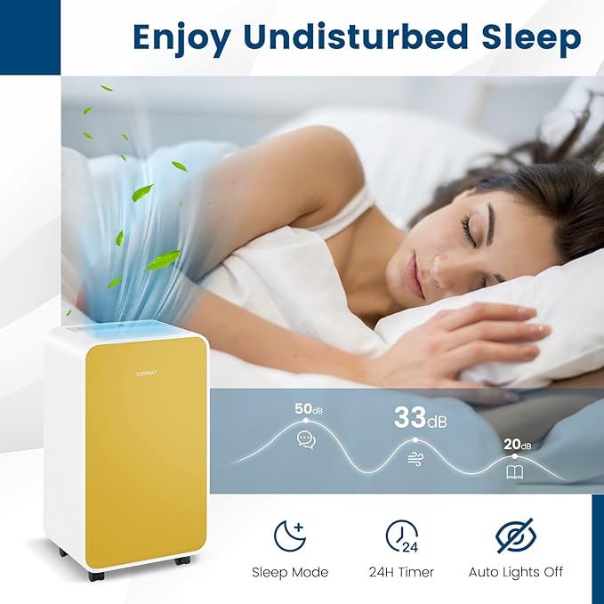 COSTWAY 2500 Sq. Ft Dehumidifier for Basement, 32 Pints Portable Quiet Dehumidifier for Bedroom Bathroom with Sleep Mode, 24H Timer, Auto Shut Off, Auto Defrost & Drain Hose (Yellow) - Image 8