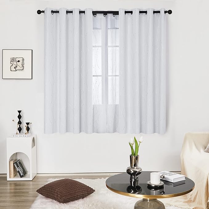 Deconovo Room Darkening Curtains, Greyish White Curtain, Thermal Insulated Noise Reduced Drapes, Silver Wave Dots Print, 52 x 63 Inch Long, Machine Washable Window Panels for Kitchen Bedroom, Set of 2 - Image 2