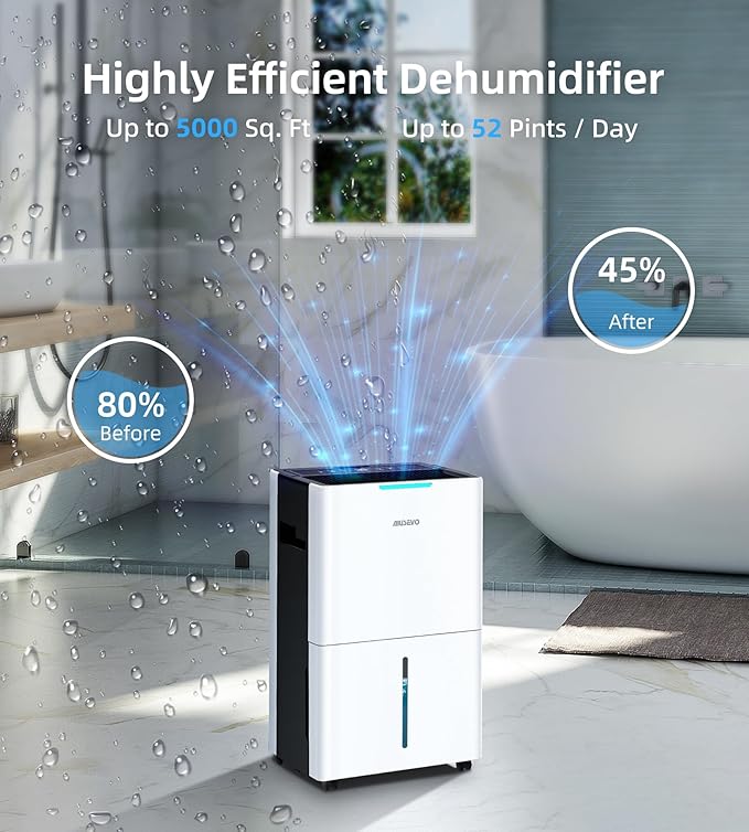 5000 Sq. Ft Dehumidifiers for Home and Basement, 52 Pint/Day Dehumidifier with Drain Hose, 3 Modes, 24H Timer, Auto Defrost, Child Lock, for Bedroom, Garage, RV, Large Room, Humid Summer, Rainy Season - Image 2