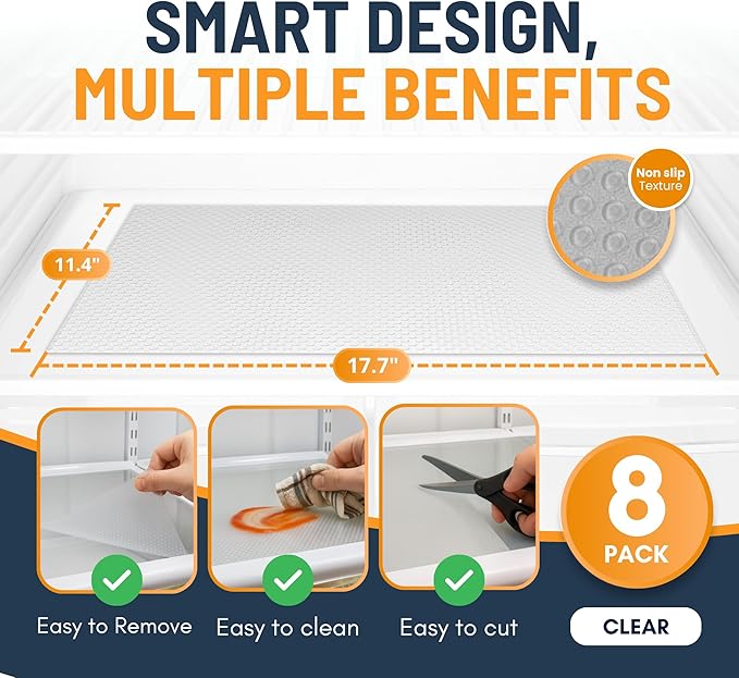 Refrigerator Liners for Shelves (8 Pack) by Linda’s Essentials - Non-Adhesive Drawer and Shelf Liner, BPA-Free Fridge Mats for Kitchen & Cabinets, Easy to Clean, Ideal Household Essentials (Clear) - Image 2