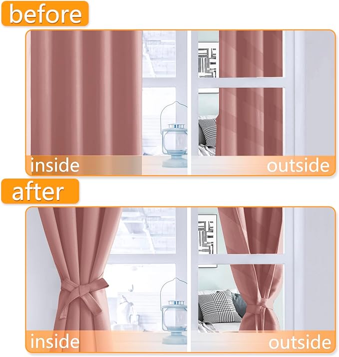 Hiasan Room Darkening Curtains for Bedroom, Noise Reducing, Energy Saving Blackout Window Curtain Panels, Sewn with Tiebacks, Set of 2, Grommet Top (Dusty Rose, Width 42 Inch x Length 72 Inch) - Image 5