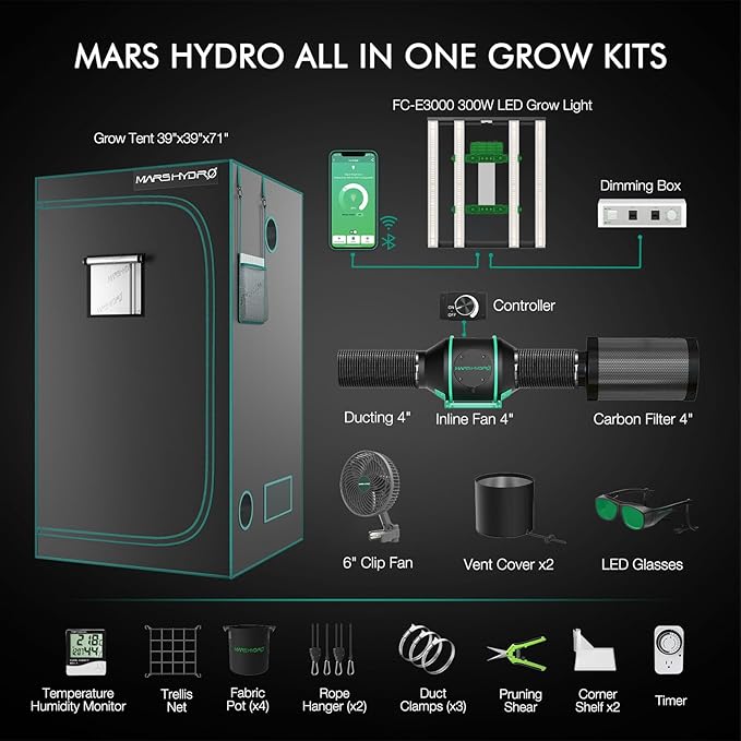 Mars Hydro 3x3 Smart Grow Tent Kit Complete System,FC-E3000 APP Control Dimmable 1184Pcs LED Grow Light,1680D High Reflective Mylar,with Smart WiFi Control Ventilation System,10 Speed Clip Fan - Image 2