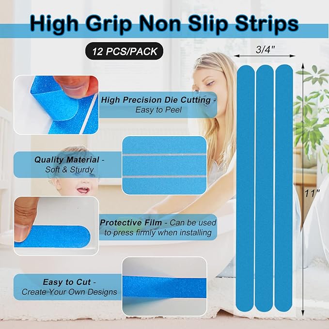 S&X Non Slip Bath Stickers,Gritty Textured Slip-Resistant Treads,0.75-Inch by 11-Inch,12 Strips Per Pack (Blue) - Image 4