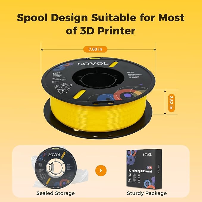 Sovol 3D Printer PETG Filament 1.75mm 1KG (2.2lbs), High Precision, Strong Toughness, Wiring Tightness, Dimensional Accuracy +/- 0.03 mm, 3D Printing PETG Filaments, Yellow - Image 8
