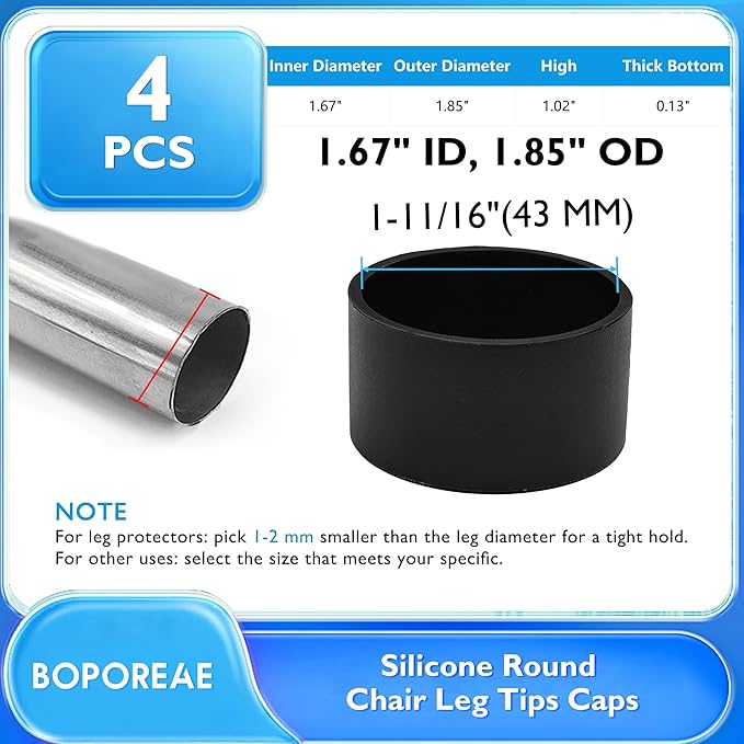 4 Pcs 1-11/16"(43 mm) Round Chair Leg Tips Caps, Silicone Rubber Furniture Leg Floor Protectors, Reduce Noise Folding Metal Chair Leg Cap Replacement for Bar Stool Leg Patio Indoor, Black - Image 9