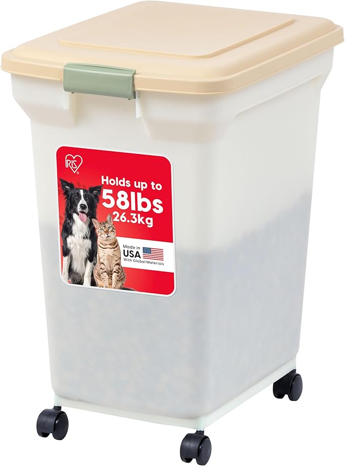 IRIS USA 58 Lbs / 67 Qt WeatherPro Airtight Pet Food Storage Container with Attachable Casters, For Dog Cat Bird and Other Pet Food Storage Bin, Keep Fresh, Translucent Body, Pearl/Almond by IRISUSA