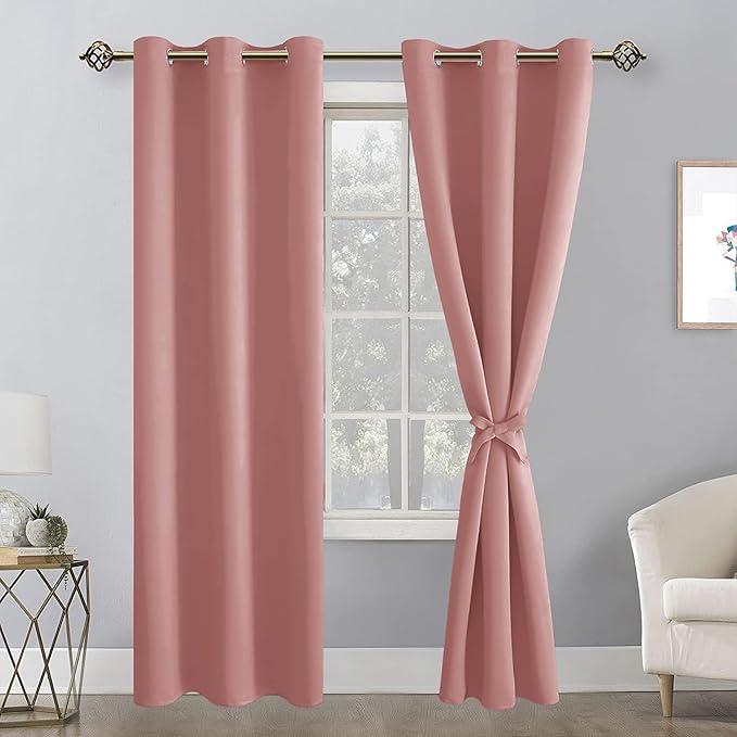 Hiasan Blackout Curtains for Bedroom, 42 x 84 Inches Long - Thermal Insulated & Energy Saving Window Curtains for Living Room, 2 Drape Panels Sewn with Tiebacks, Dusty Rose - Image 8