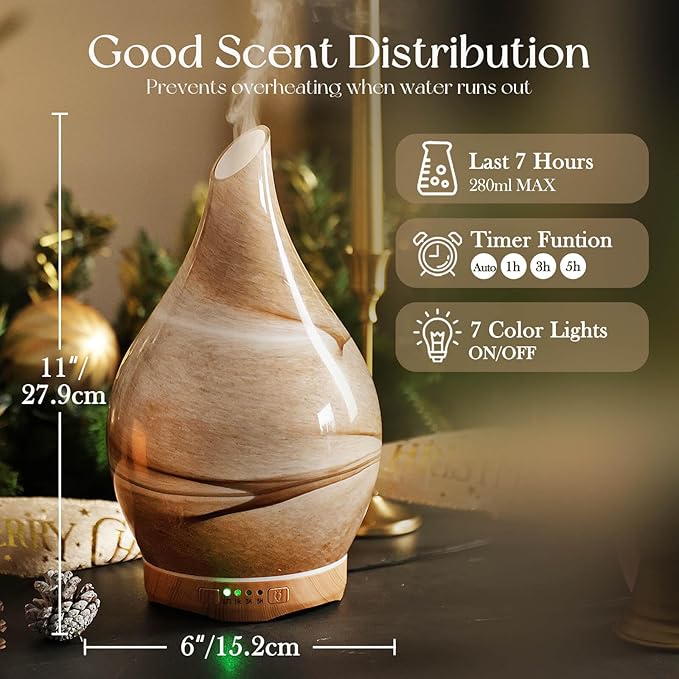 Porseme 280ml Essential Oil Diffuser Glass Color Changing Aroma Air Diffusers Aromatherapy Ultrasonic Cool Mist Humidifier 7 Running Hours Waterless Auto-Off for Sleeping, Yoga, Office, Spa (Desert) - Image 3
