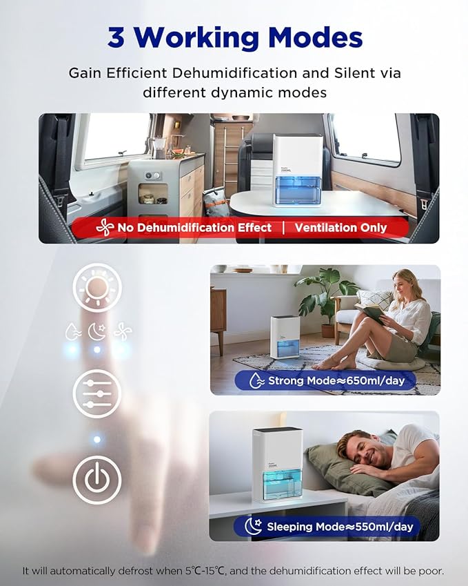 EasyAcc Small Dehumidifier for Bathroom, 68OZ 500Sq.Ft Quiet Dehumidifiers for Home with Auto Defrost, Auto Shut Off, Dual-Semiconductor Mini Dehumidifiers for Bedroom Home RV Room 7 Color Light - Image 6