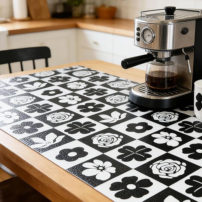 Shelf Liners Non Adhesive Black & White Checkerboard Floral - Thickened Non-Slip Easy to Clean Drawer Liner for Kitchen Cabinets, Tool Box, Refrigerator, with Knife & Tape Measure, 12in x 118.1in - Image 7