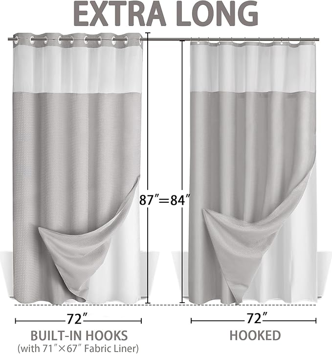No Hook Shower Curtain and Liner Set,Light Grey Hotel Waffle Shower Curtain with Liner 87" L x 72" W - Image 6