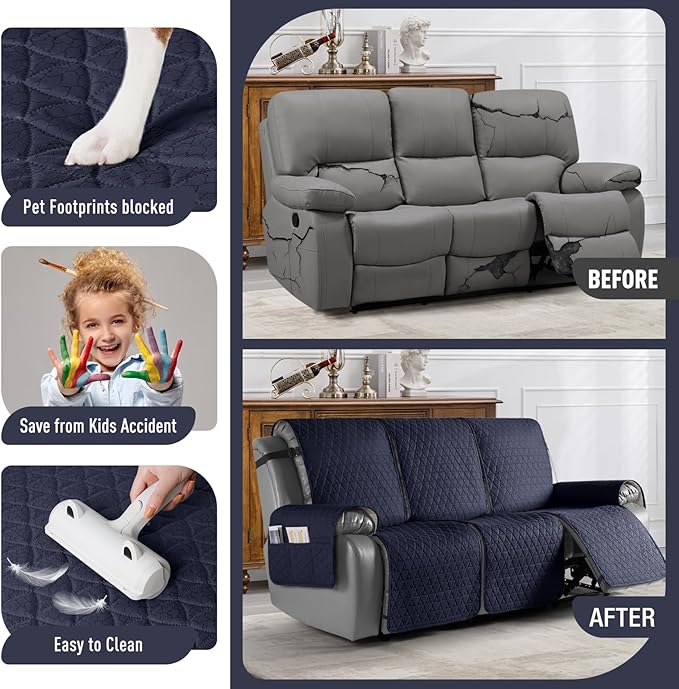 TAOCOCO 100% Waterproof Recliner Cover, Non-Slip Washable Reclining Couch Cover with Elastic Leg Straps, Furniture Protector for Dogs (Dark Blue, 3 Seater) - Image 2