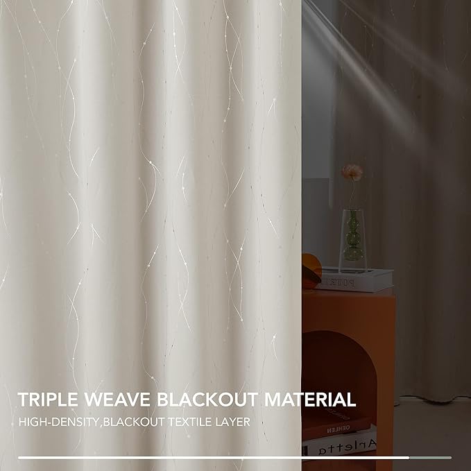 Deconovo Room Darkening Curtains, Light Beige Curtain, Thermal Insulated Noise Reducing Drapes, Silver Wave Dots Print, 42 x 54 Inch Long, Machine Washable Window Panels for Kitchen Nursery, Set of 2 - Image 5
