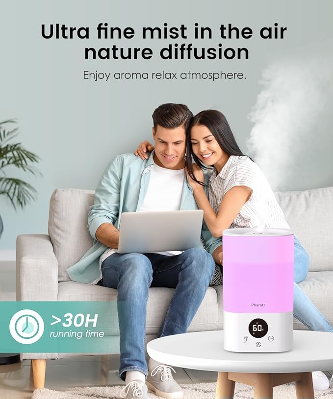 Smart Humidifiers for Bedroom Large Room, 3.5L Top Fill Cool Mist Air Humidifiers for Home Baby Plants Nursery, Humidity Control & Night Light, White - Image 4