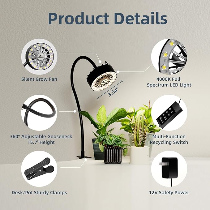 Grow Lights for Indoor Plants, Full Spectrum Plant Grow Light with Plant Fan,Clip on Plant Lights for Indoor Growing with Timer and Dimmable,Suit for Plant shves and Plant Pot,2 Packs - Image 2