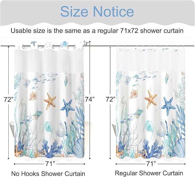No Hook Shower Curtain with Snap in Liner, Beach Ocean Nautical Coastal Shower Curtains and Liner Set for Bathroom, Seashell Hotel Fabric Bath Curtain, Waterproof Washable, Watercolor Blue 71" x 74" - Image 7