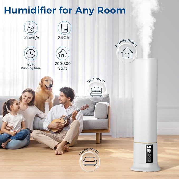 Humidifier Large Room,2.4Gal Cool Mist Humidifiers for Bedroom 9L High Capacity 24dB Quiet Air Humificador fit Removable Water Tank 360° Adjustable, Top Fill & Easy Clean with Remote Control （White） - Image 2