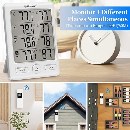 Geevon Indoor Outdoor Thermometer Wireless with 3 Remote Sensors, Digital Hygrometer Indoor Thermometer, Temperature Humidity Monitor Gauge with 200FT/60M Range (White) - Image 3