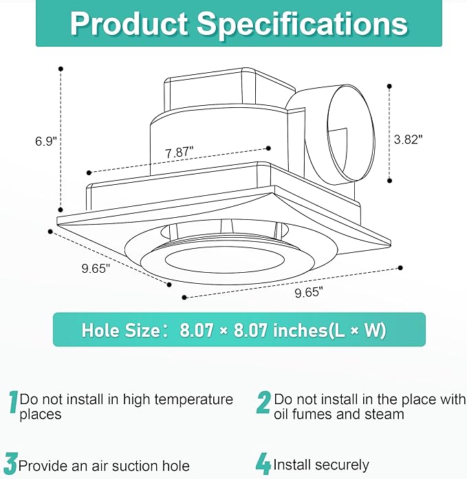 Bathroom Exhaust Fan with Light, 3000K/4500K/6000K Selectable, 110 CFM 1.0 Sones Bathroom Ventilation Fan, 8inch Exhaust Fans For Ceiling Mount with Efficient Air Circulation, Odor Elimination - Image 5