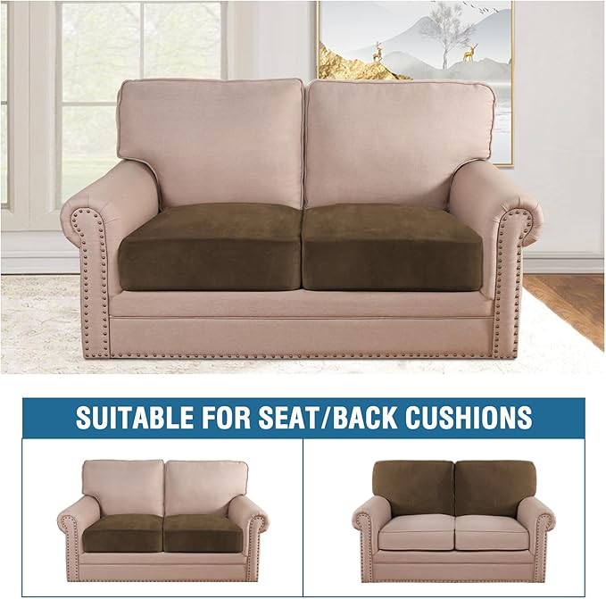 H.VERSAILTEX Velvet Stretch Couch Cushion Cover Plush Cushion Slipcover for Chair Loveseat Sofa Cushion Furniture Protector Seat Cushion Sofa Cover (2 Piece Large Sofa Cushion Covers, Bronze Brown) - Image 3