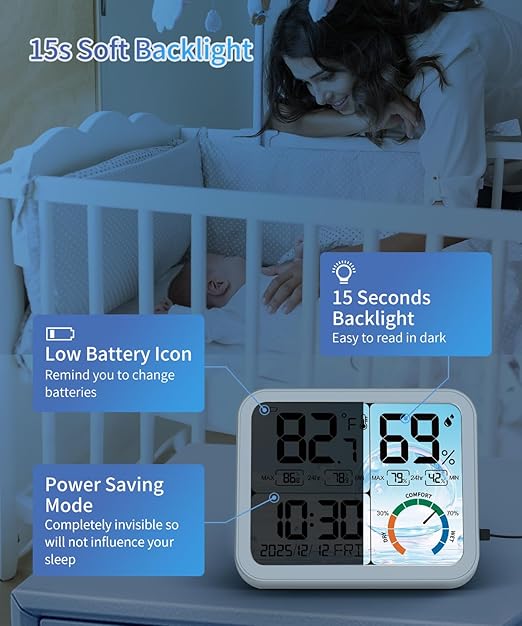 VOCOO 5.8" Large Display Indoor Thermometer Hygrometer - Backlight LCD with Comfort Indicator, Max/Min Records, Clock & Calendar, Dual Power (USB/Battery), Wall Mount or Tabletop - Image 5