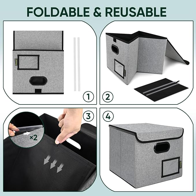 BALEINE File Organizer Box with Lid, Collapsible File Folder Organizer with Plastic Slide, Hanging File Folder Box for Office Document Storage (2 Pack, Grey) - Image 8