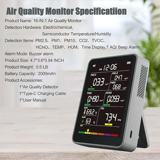 Professional Indoor Air Quality Monitor with AQI Alarms, Portable Real-Time Detector for Home Cars Plants and Pets (Grey) - Image 5