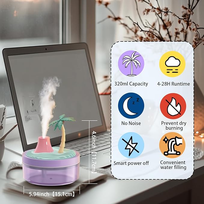 Cute Mini Humidifier 320mL Cool Mist Humidifie mute with 2 Mist Modes, for Home/Nursery/Office, Portable Mini Air Moisturizer,rechargeable mini humidifier(Coconut tree) - Image 2
