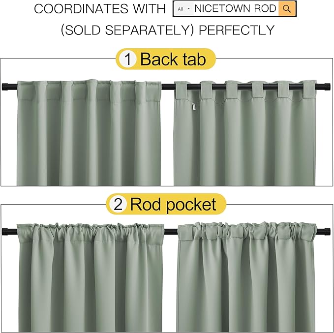 NICETOWN Blackout Curtain Panels for Kitchen - (Greyish Green Color) 29x36 inch, 2 Panels Set, Room Darkening Blackout Drapes for Window - Image 3