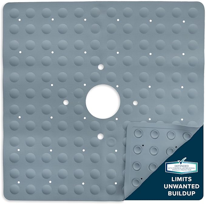SlipX Solutions Square Natural Rubber Shower Stall Mat, 21” x 21”, Non Slip Safety, Built-in Product Protection, 140 Power Grip Suction Cups, Center Drain Hole, Gray by SlipXSolutions