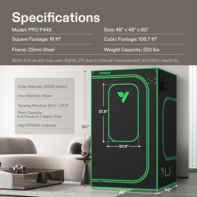 VIVOSUN P448 Advance PRO Grow Tent 4x4, with Thick 1 inch Poles, Strengthened High Reflective Mylar Oxford Tent, Extra Hanging Bars & High CFM Kit 48"×48"×80" for Indoor Plants - Image 9
