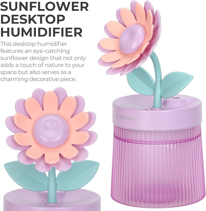 Sunflower Small Humidifier for Plant, Cool Mist Mini Humidifiers for Bedroom, Desk Personal Humidifiers with Diffuser for Indoor Office Car, Portable Humidifier for Travel - Purple 260ml - Image 2