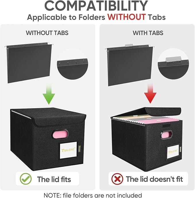 BALEINE File Organizer Box with Lid, Collapsible File Folder Organizer with Plastic Slide, Hanging File Folder Box for Office Document Storage (1 Pack, Black) - Image 5