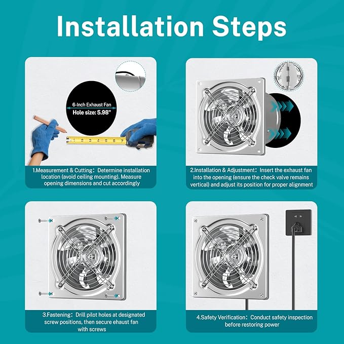 HG Power 6 Inch Exhaust Fan: Kitchen Exhaust Fans with Switch Portable Attic Vent Fan with 8 Feet Power Cord Plug-in Garage Ventilation Fan with Damper Shop Chicken Coop Basement Smoking Room Silver - Image 6