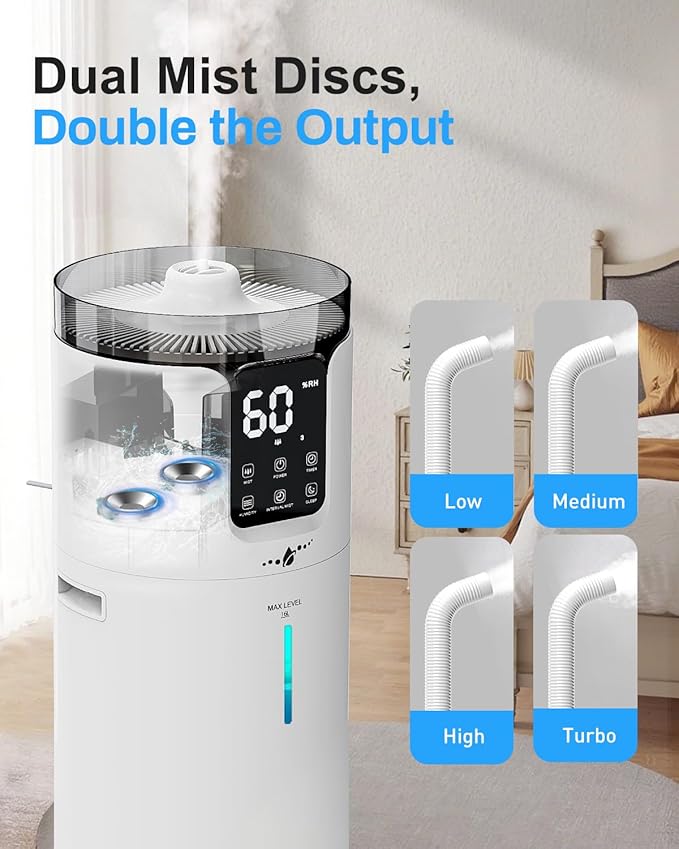 Humidifier Large Room, 4.2 Gal/16L Large Humidifier for 1500 sq.ft, 360° Nozzles Cool Mist Ultrasonic, Top Fill Tower Humidifiers for Bedroom Office Plant wholehouse with Extension Tube, Night Light - Image 4