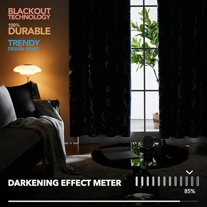 Deconovo Black Blackout Curtains, Thermal Insulated Soundproof Privacy Curtain Drapes, Branch Foil Print, 42 x 84 Inch Long, 2 Panels, Machine‑Washable Window Panel for Bedroom Living Room Office Home - Image 6