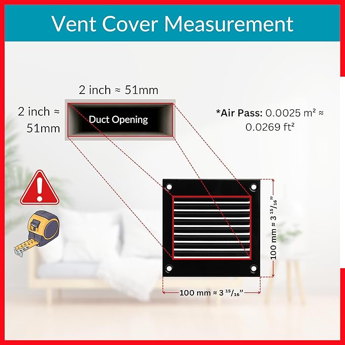 2x2 Vent Cover (Duct Opening) - Black HVAC Return Air Grille for Wall and Ceiling - Metal AC Vent Cover with Mesh - Rectangular Ventilation Register - External Dimensions: 3.94" W x 3.94" H - Image 6
