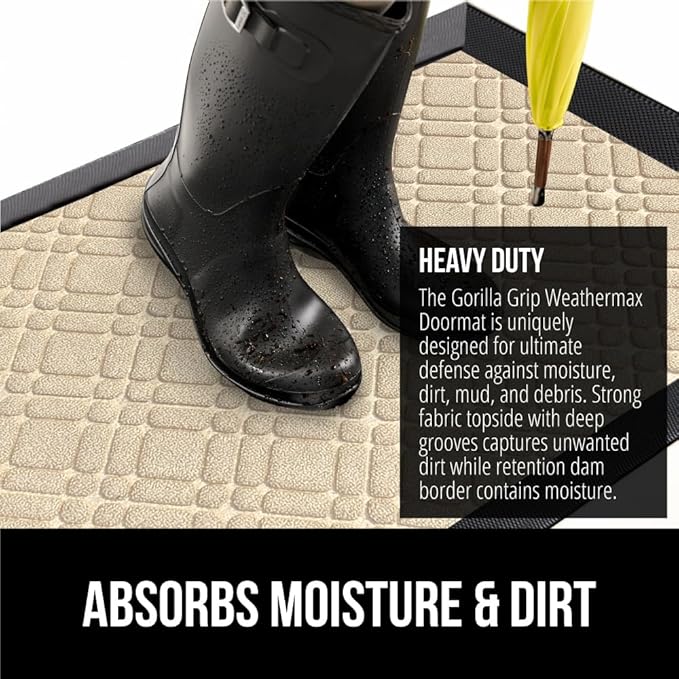 GORILLA GRIP 100% Waterproof All-Season WeatherMax Doormat, 47x35, US Designed Natural Rubber, Stain and Fade Resistant, Low Profile Indoor Outdoor Door Mats, Easy Clean Patio Mat, Modern Latte - Image 4