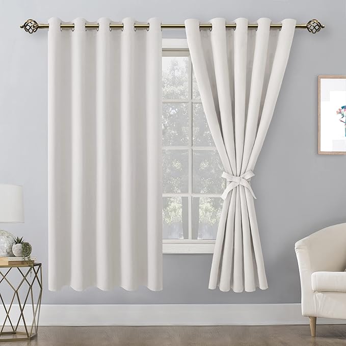 Hiasan Room Darkening Curtains for Bedroom, 60 x 72 Inches - Thermal Insulated & Light Blocking Window Drapes for Living Room/Dorm Room, Set of 2 Panels Sewn with Tiebacks, Ivory - Image 2