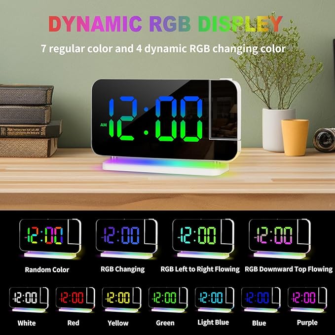 Projection Alarm Clock for Bedroom Ceiling,RGB Digital Clocks with 10 Colors RGB Night Light,Loud Alarm Clock for Heavy Sleepers,USB C Charger Port,Snooze,12/24H,Auto Dimming - Image 3