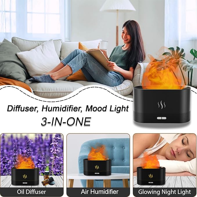 Essential Oil Diffuser, Flame Air Humidifier with Fire Led Light - 2 Rightness, 180mL Capacity (8 Hours), Auto-Off Protection Air Diffuser for Home Bedroom Office Gifts(Black) - Image 3