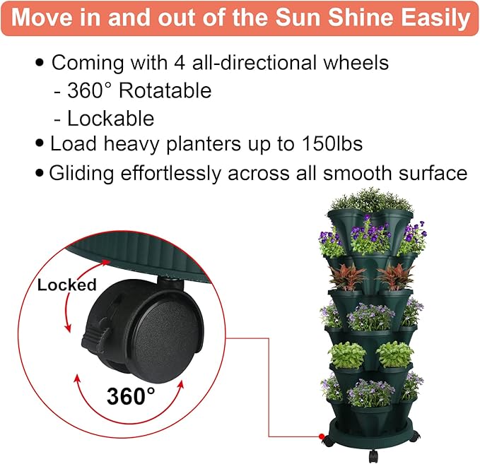 GameXcel Vertical Planter 6 Tier Stackable Planters Garden Planters Strawberry Herb Flower and Vegetable Planter Indoor Outdoor Gardening Pots with Removable Wheels and Tools - Image 6