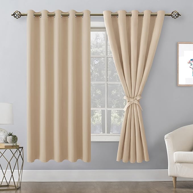 Hiasan Grommet Blackout Curtains for Bedroom, 60 x 72 Inches - Thermal Insulated & Light Blocking Window Drapes for Living Room/Dorm Room, Set of 2 Panels Sewn with Tiebacks, Beige - Image 2