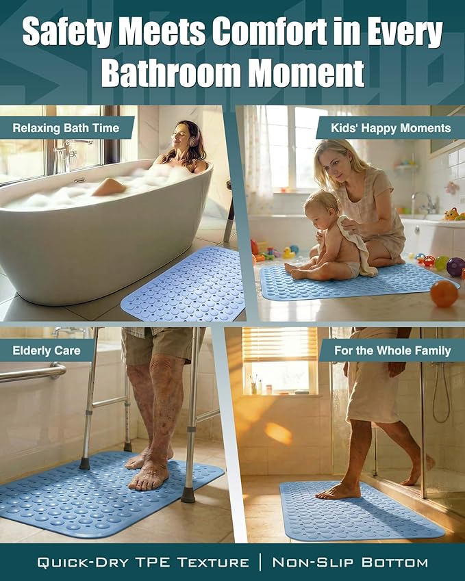 Non-Slip Bath Mat for Tub Shower, TPE Machine Washable Bathroom Essentials with Suction Cups, Quick-Dry 28x16 Inch (Seashell Blue) - Image 7