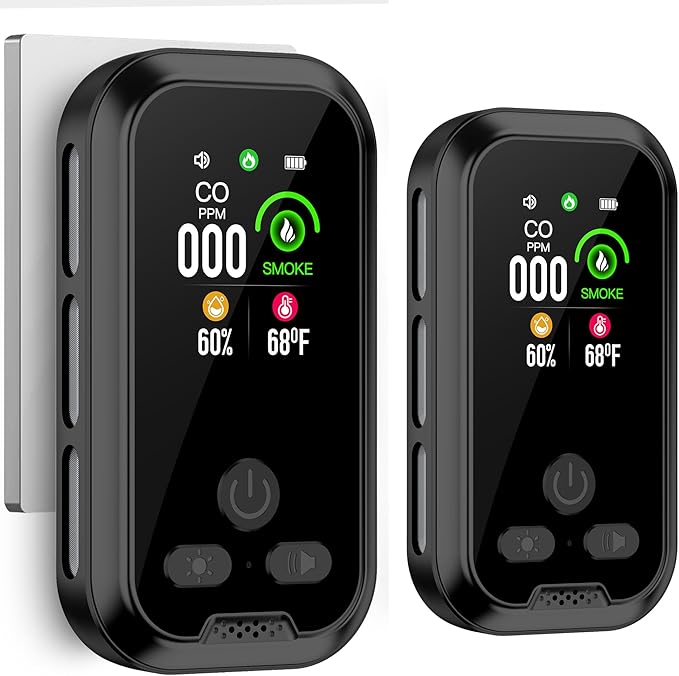 2-Pcs 4IN1 Plug in Smoke & Carbon Monoxide Detector Combination Builti-in 2000 mAh Backup Battery HD Screen [Smoke CO Temp Humidity Sensor] Alarm for Home Travel Hotel Indoor (Black) by HAKINAKU