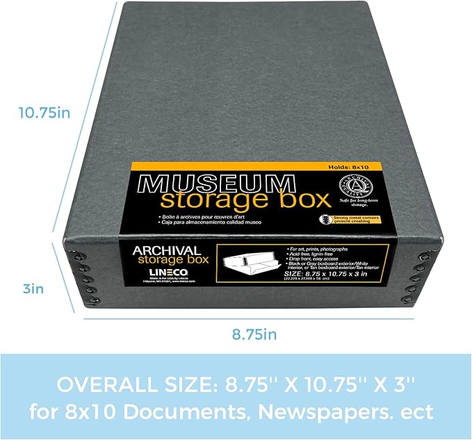 Lineco Museum Archival Storage Box, 8.75x10.75x3 in. Drop Front Design. Acid-Free with Metal Edge. Organize Photos, Pictures, Prints, Documents, Crafts, DIY. Gray, 1 Pack - Image 5